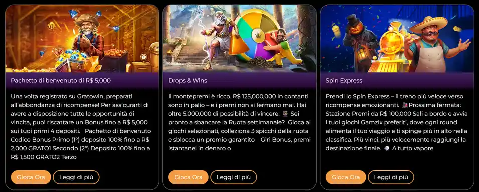 Offerta bonus GratoWin: 50 giri gratis senza deposito e pacchetto di benvenuto fino a 3000 euro