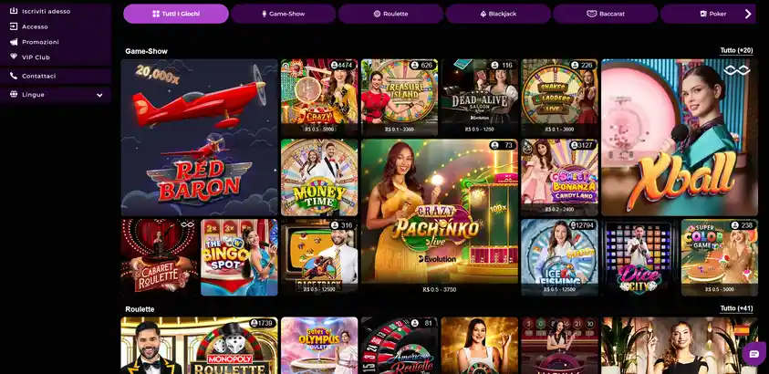 Lobby del live casino GratoWin con tavoli Evolution Gaming attivi 24 ore su 24