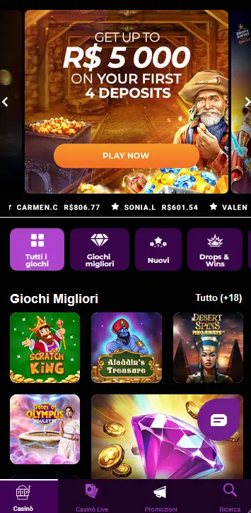 GratoWin Casino in versione mobile su smartphone - navigazione browser HTML5 senza app da installare